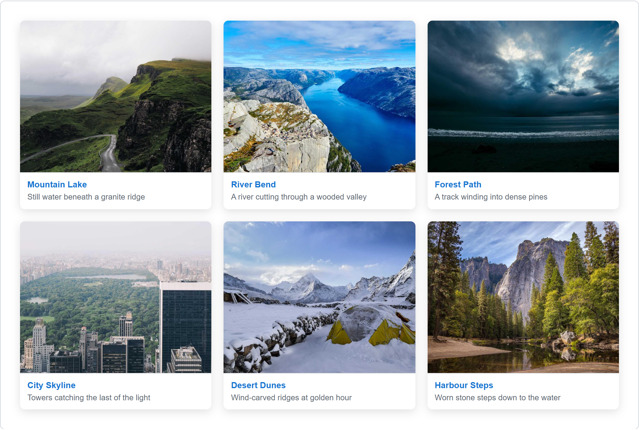 The Classic Grid preview: six images in a three-column grid, all cropped to the same height, each with a title and description below.