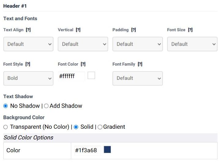 The Header #1 section of step 3 in the Table Wizard: Font Style Bold, Font Color #ffffff, no text shadow, and Background Color set to Solid with the color #1f3a68 and a dark blue swatch.