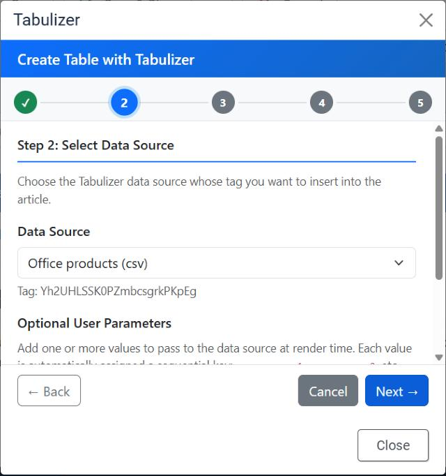 Step 2 of the Tabulizer editor wizard, Select Data Source, with Office products (csv) chosen in the Data Source list and its tag Yh2UHLSSK0PZmbcsgrkPKpEg shown underneath, and the Back, Cancel and Next buttons.
