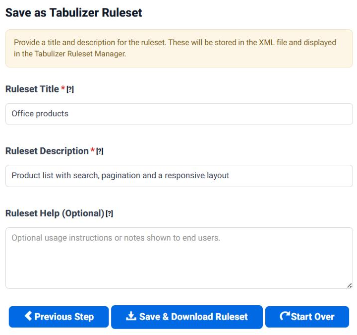 The Save as Tabulizer Ruleset panel at the end of step 6, with the title Office products, the description Product list with search, pagination and a responsive layout, an empty optional help box, and the buttons Previous Step, Save and Download Ruleset, and Start Over.