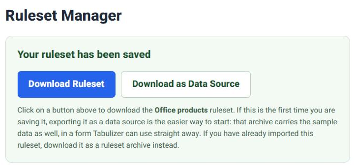 The Ruleset Manager after saving, with the message Your ruleset has been saved, a blue Download Ruleset button, a Download as Data Source button, and a note explaining that a first-time ruleset is easier to start with as a data source.