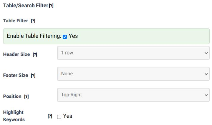 The Table/Search Filter panel in step 4 with Enable Table Filtering ticked, Header Size 1 row, Footer Size None and Position Top-Right, followed by the Column Filters box, not ticked, and the start of the Table/Pagination panel set to Arrows with Page Numbers.