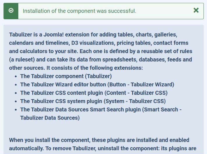 The success message Installation of the component was successful, followed by Tabulizer's description listing its extensions: the Tabulizer component, the Tabulizer Wizard editor button, the Tabulizer CSS content plugin, the Tabulizer CSS system plugin and the Tabulizer Data Sources Smart Search plugin.