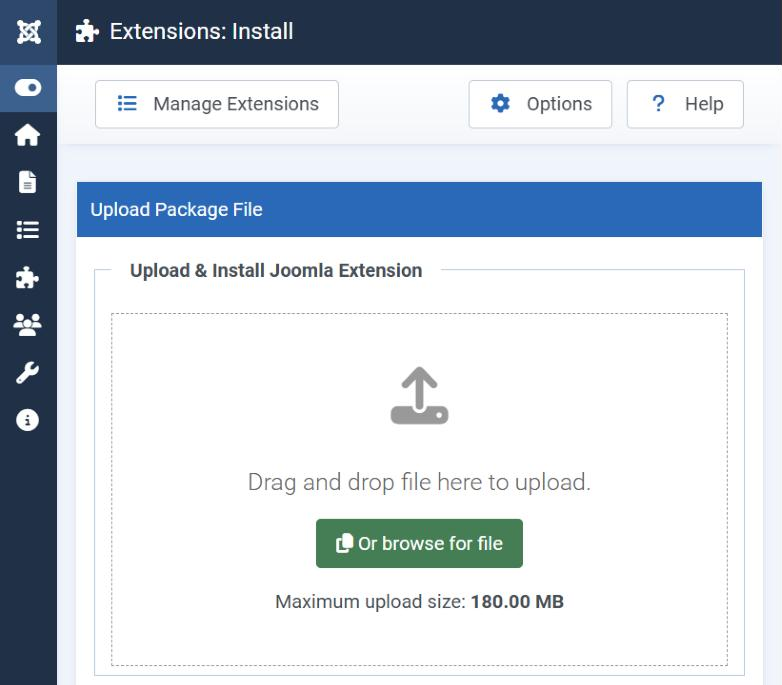 The Extensions: Install page of the Joomla 5 administrator, with the Upload Package File tab open and its Upload and Install Joomla Extension box: Drag and drop file here to upload, an Or browse for file button and the maximum upload size of 180 MB.