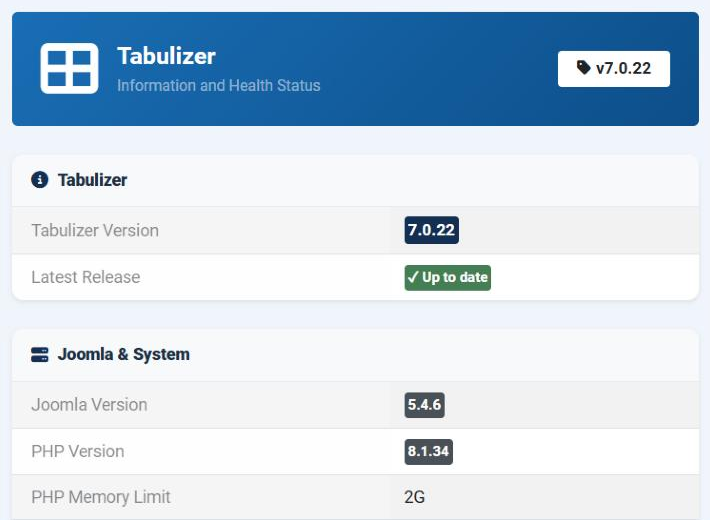 The top of the Tabulizer Status page: a banner reading Tabulizer, Information and Health Status, v7.0.22, then Tabulizer Version 7.0.22 with Latest Release Up to date, and the Joomla and System section listing Joomla 5.4.6, PHP 8.1.34 and a PHP memory limit of 2G.