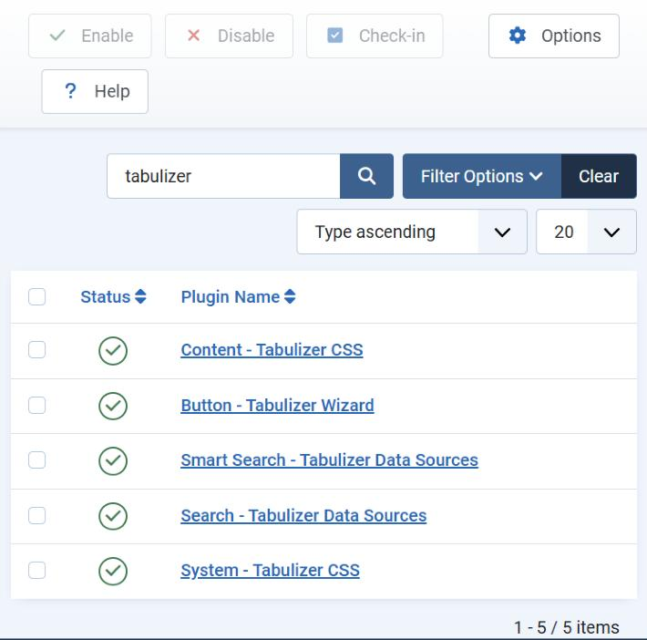 The Plugins page of the Joomla 5 administrator filtered by tabulizer, listing Content - Tabulizer CSS, Button - Tabulizer Wizard, Smart Search - Tabulizer Data Sources, Search - Tabulizer Data Sources and System - Tabulizer CSS, each with a green enabled tick.