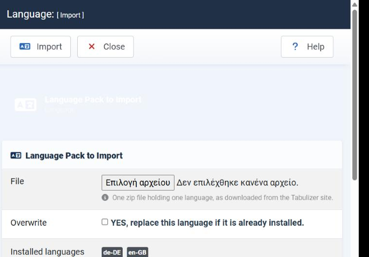 The Language Import page in the Joomla administrator, with Import and Close in the toolbar, a File field for the language pack zip, an Overwrite checkbox, and a list of the languages already installed.