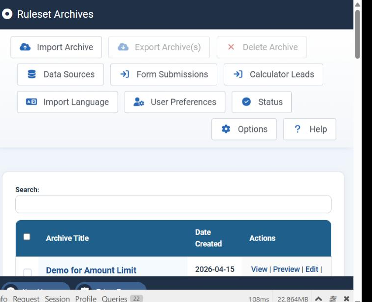 The Ruleset Archives page in the Joomla administrator, with the toolbar buttons Import Archive, Export Archive(s), Delete Archive, Data Sources, Form Submissions, Calculator Leads, Import Language, User Preferences, Status, Options and Help, above a search box and the list of archives.