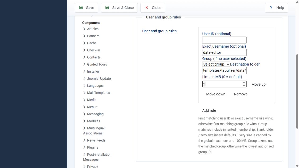 A Joomla user rule for the exact username data-editor, using a destination with user ID and username tokens and a 2 MB upload limit.