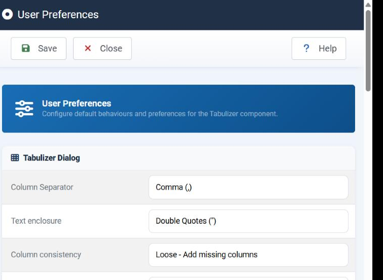 The User Preferences page in the Joomla administrator, with Save and Close in the toolbar and the Tabulizer Dialog group showing the Column Separator, Text enclosure and Column consistency settings.