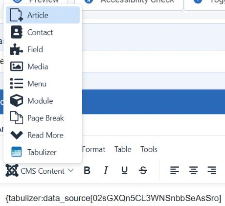 The CMS Content menu open in the Joomla article editor toolbar, listing Article, Contact, Field, Media, Menu, Module, Page Break, Read More and Tabulizer, with the CMS Content button visible below the open menu.