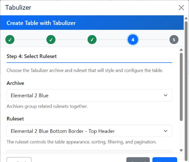 Step 4 of the Tabulizer wizard, Select Ruleset, with Archive set to Elemental 2 Blue and Ruleset set to Elemental 2 Blue Bottom Border - Top Header, each with a line of help text beneath it.