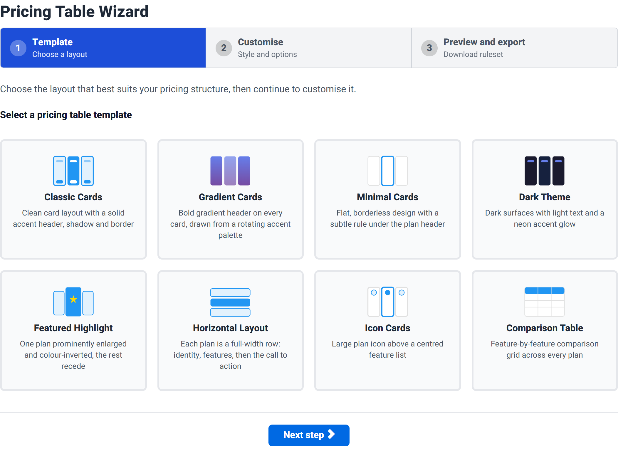 Step 1 of the wizard showing eight template cards arranged in two rows, each with an icon, a name and a short description.