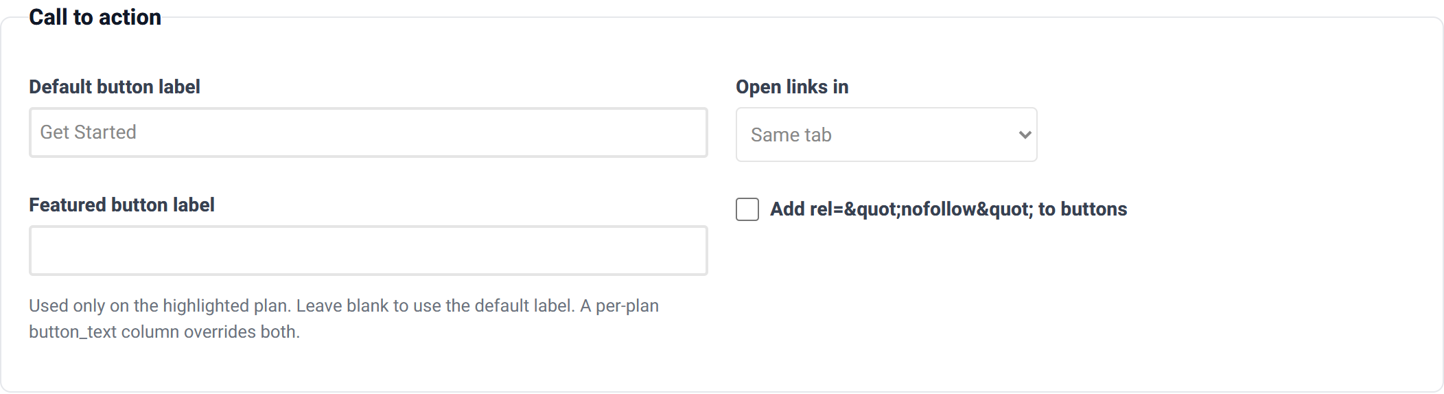 The Call to action group with button label and featured plan button label text fields, an open-in dropdown and a nofollow checkbox.