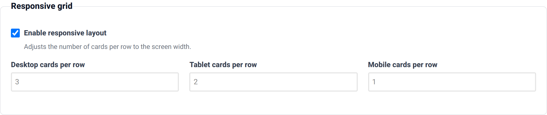 The Responsive grid group with an enable checkbox and three number fields for desktop, tablet and mobile columns.