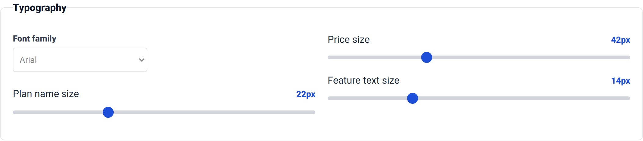 The Typography group with a font family dropdown and three sliders for plan name size, price size and feature size.