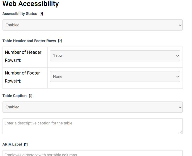 The Web Accessibility section in step 3 of the Table Wizard, with Accessibility Status set to Enabled, the number of header and footer rows, Table Caption enabled with its text box, and the ARIA Label field.