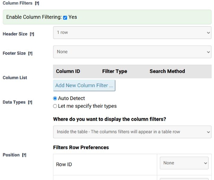 The Column Filters panel in step 4 of the Table Wizard: Enable Column Filtering ticked, Header Size and Footer Size, the Column List with its Add New Column Filter button, the Data Types choice, and the question asking where the filters should be displayed.