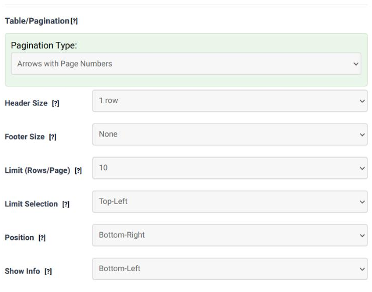 The Table/Pagination panel in step 4 of the Table Wizard: Pagination Type set to Arrows with Page Numbers, followed by Header Size, Footer Size, Limit (Rows/Page), Limit Selection, Position and Show Info.