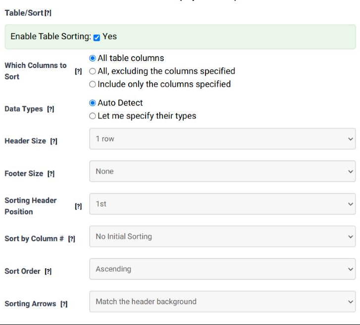 The Table/Sort panel in step 4 of the Table Wizard, with Enable Table Sorting ticked and the Which Columns to Sort, Data Types, Header Size, Footer Size, Sorting Header Position, Sort by Column, Sort Order and Sorting Arrows options.