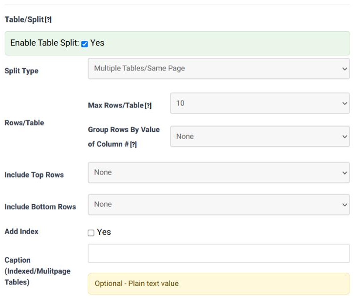 The Table/Split panel in step 4 of the Table Wizard: Enable Table Split ticked, Split Type set to Multiple Tables/Same Page, Max Rows/Table set to 10, Group Rows By Value of Column, Include Top Rows, Include Bottom Rows, Add Index and Caption.
