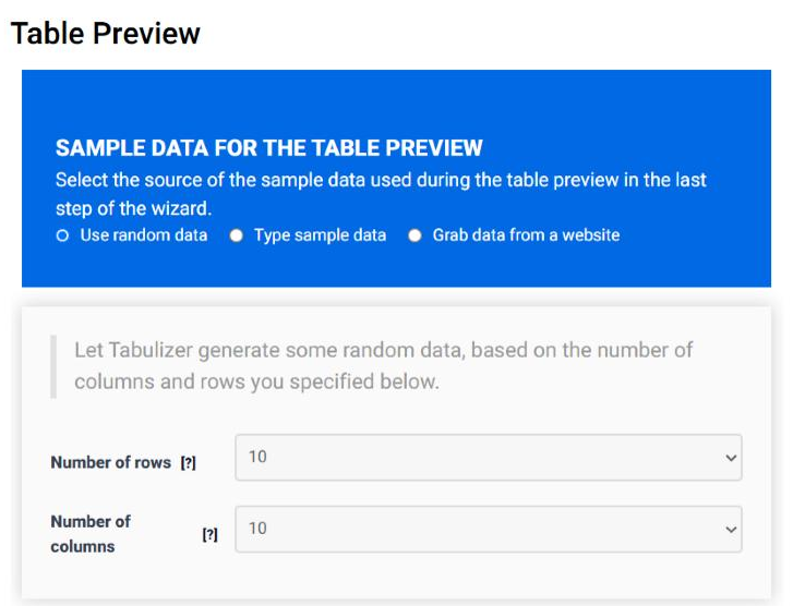 Step 1 of the Table Wizard with Use random data selected, showing the explanation and the Number of rows and Number of columns menus, both set to 10.
