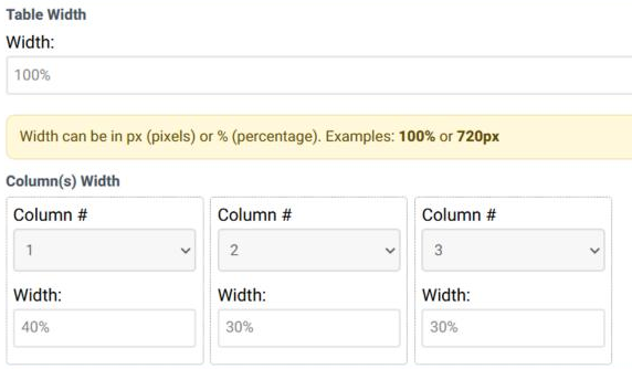 Step 3 of the online Table Wizard: Table Width set to 100%, then the Column(s) Width entries - Column 1 with width 40%, Column 2 with 30% and Column 3 with 30%.