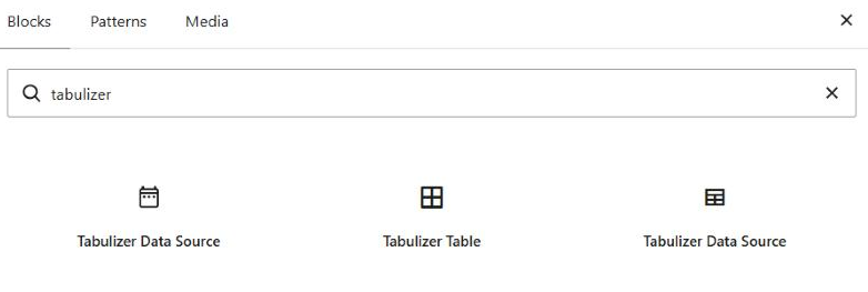 The widgets screen inserter with the word tabulizer typed into the search box, showing three results: Tabulizer Data Source, Tabulizer Table, and a second Tabulizer Data Source.