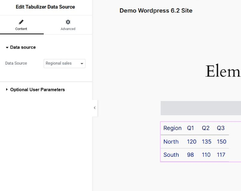 The same Elementor widget with the Optional User Parameters section expanded, showing the help line and the boxes user_param_1 to user_param_5, the first containing the value th, beside the rendered table in the canvas.