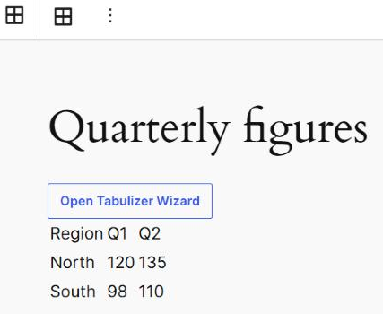 A Tabulizer Table block in the WordPress editor: the block toolbar at the top with a grid icon for the Tabulizer button, and below it the block showing its Open Tabulizer Wizard button above three rows of table content.
