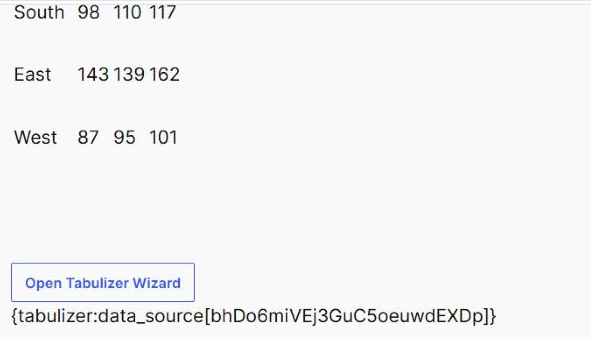 Two Tabulizer Table blocks in the WordPress editor: the upper one showing the rows of a generated static table as editable text, and the lower one showing only a single tabulizer data source tag beneath its Open Tabulizer Wizard button.