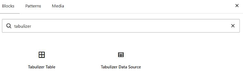 The WordPress block inserter panel with the word tabulizer typed into the search box, showing two results: Tabulizer Table and Tabulizer Data Source.
