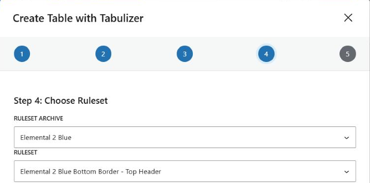 Step 4 of the Tabulizer wizard, headed Step 4 Choose Ruleset, with Ruleset Archive set to Elemental 2 Blue and Ruleset set to Elemental 2 Blue Bottom Border - Top Header.